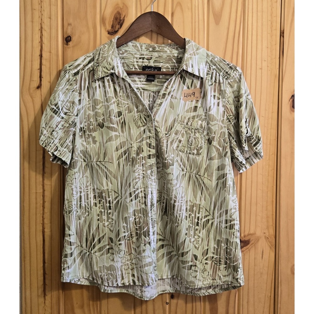 Erika Women's Petite Blouse Size PL Short Sleeve  Tropical Print Green Vacation